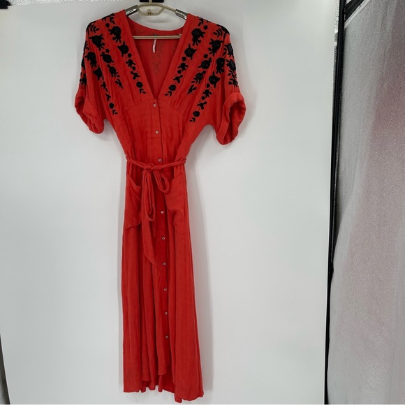 Free People Love to Love You Reddish Orange Embroidered Button-Up Midi Dress - Picture 2 of 16